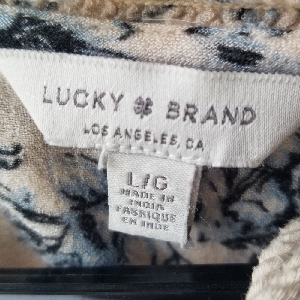 Lucky Brand Top Boho Viscose Tassels Border Print Blue Peasant Long Sleeves L - Picture 6 of 8
